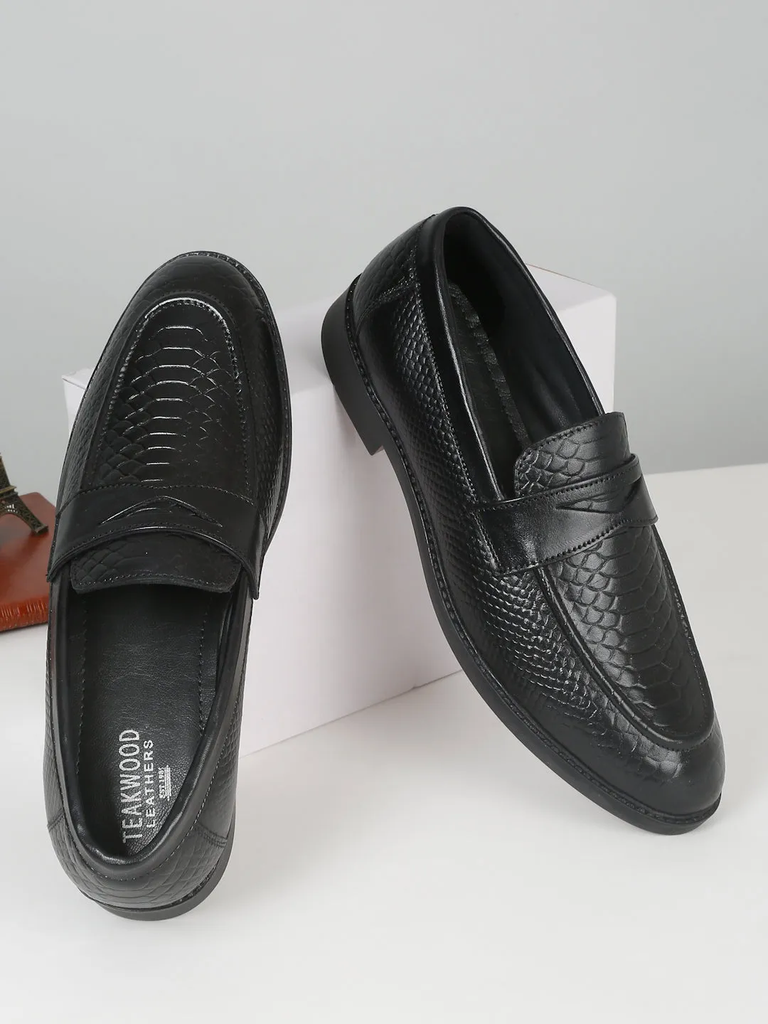 Men's Black Classy Patterned Texture Leather Loafers