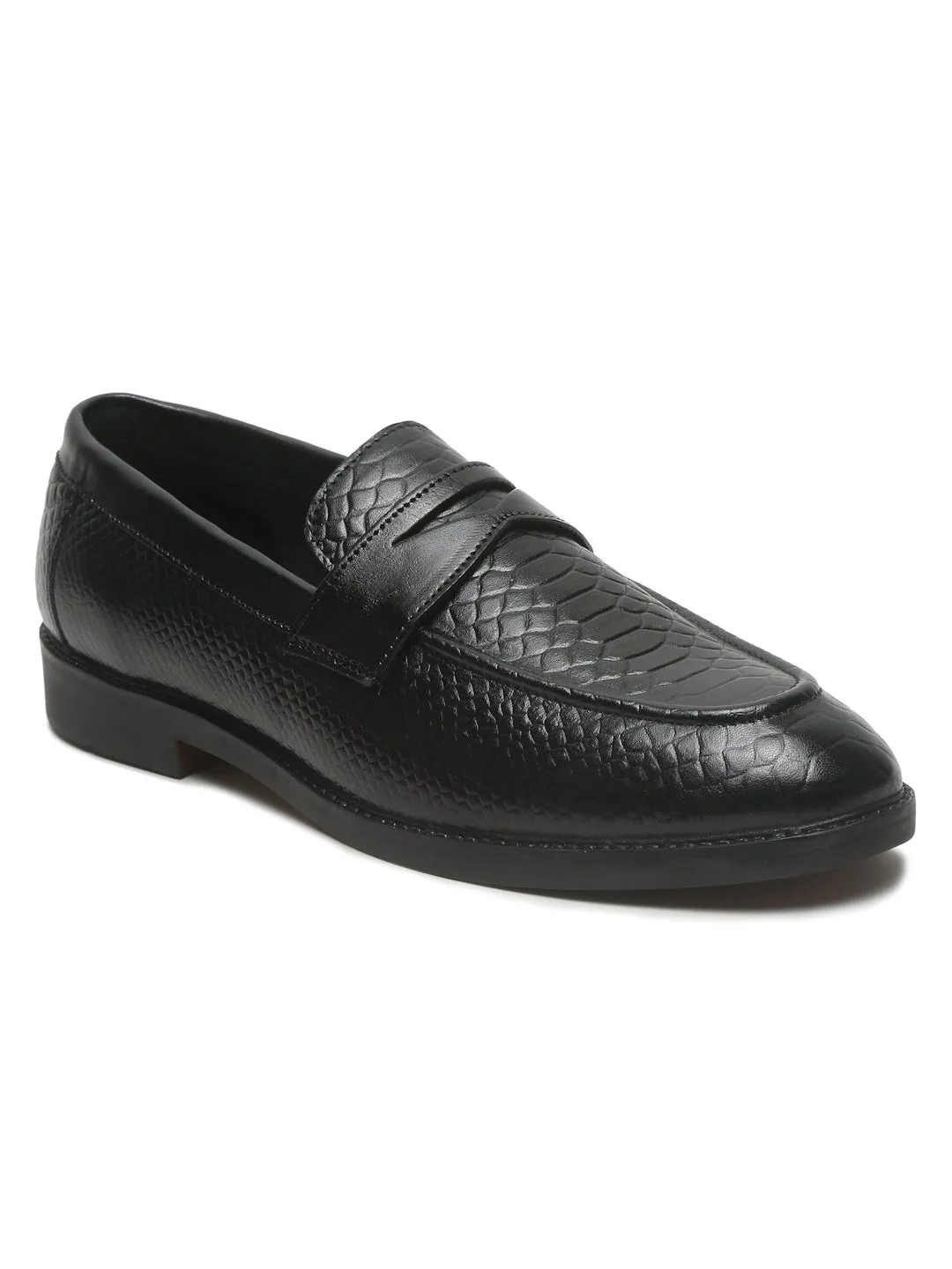 Men's Black Classy Patterned Texture Leather Loafers