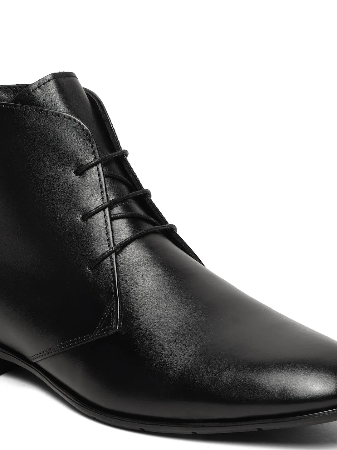 Men's Black Solid Leather Lace-up Chukka Boots