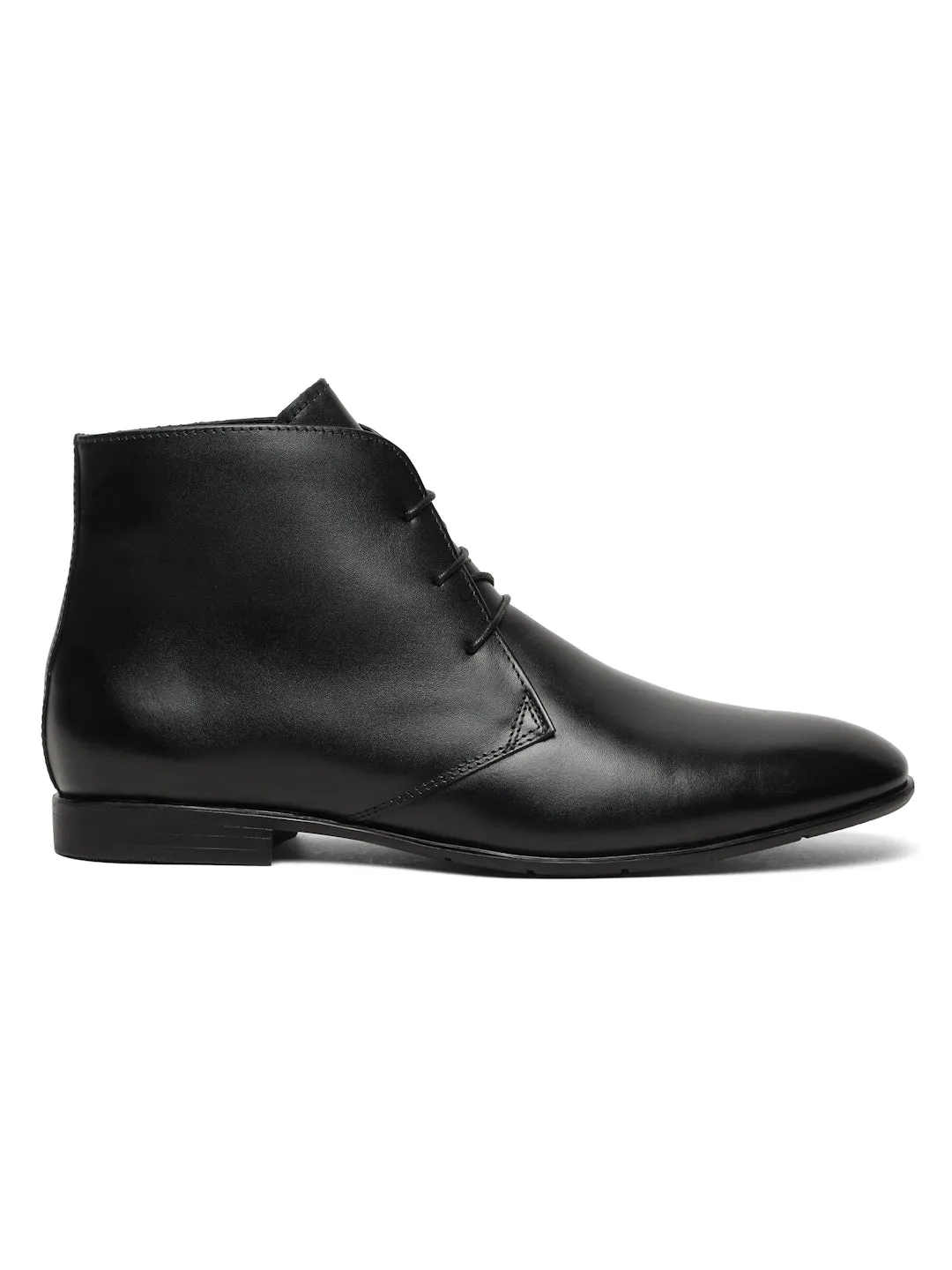 Men's Black Solid Leather Lace-up Chukka Boots