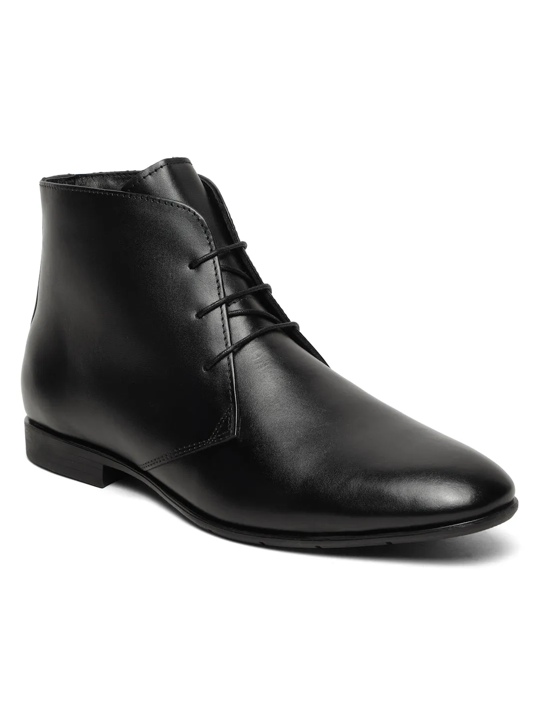 Men's Black Solid Leather Lace-up Chukka Boots