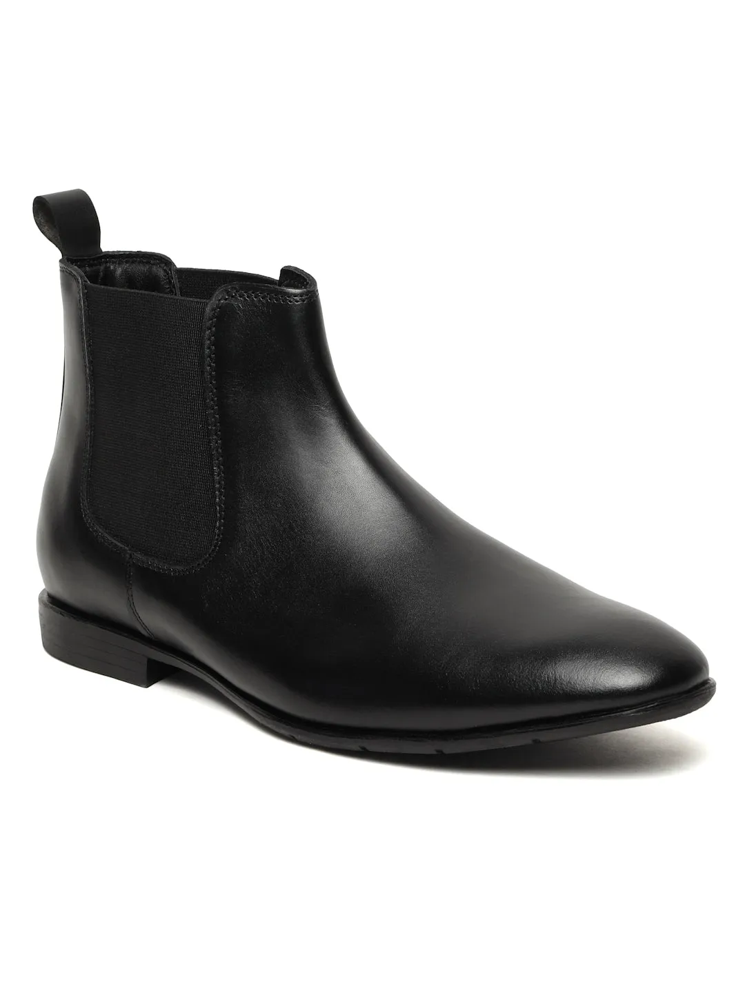 Men's Black Solid Leather Mid-Top Chelsea Boots