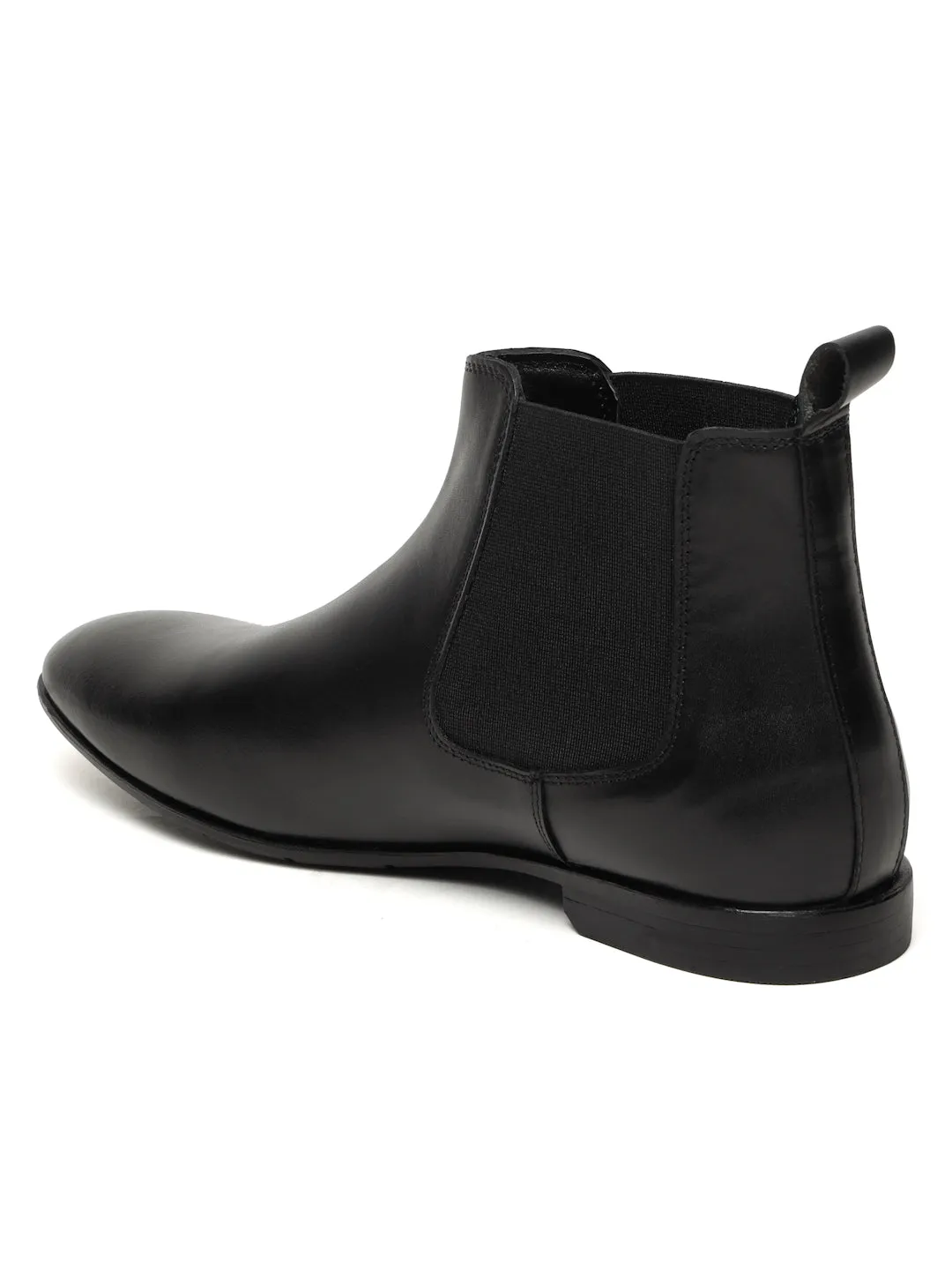 Men's Black Solid Leather Mid-Top Chelsea Boots