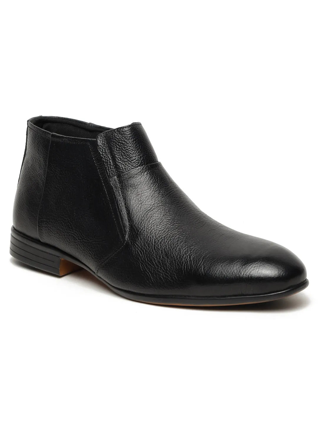 Men's Black Solid Leather Slip-on Boots