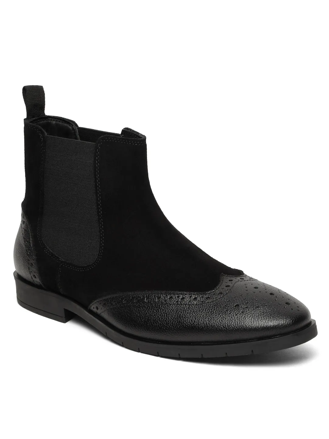 Men's Black Suede Leather with laser cut Mid-Top Chelsea Boots