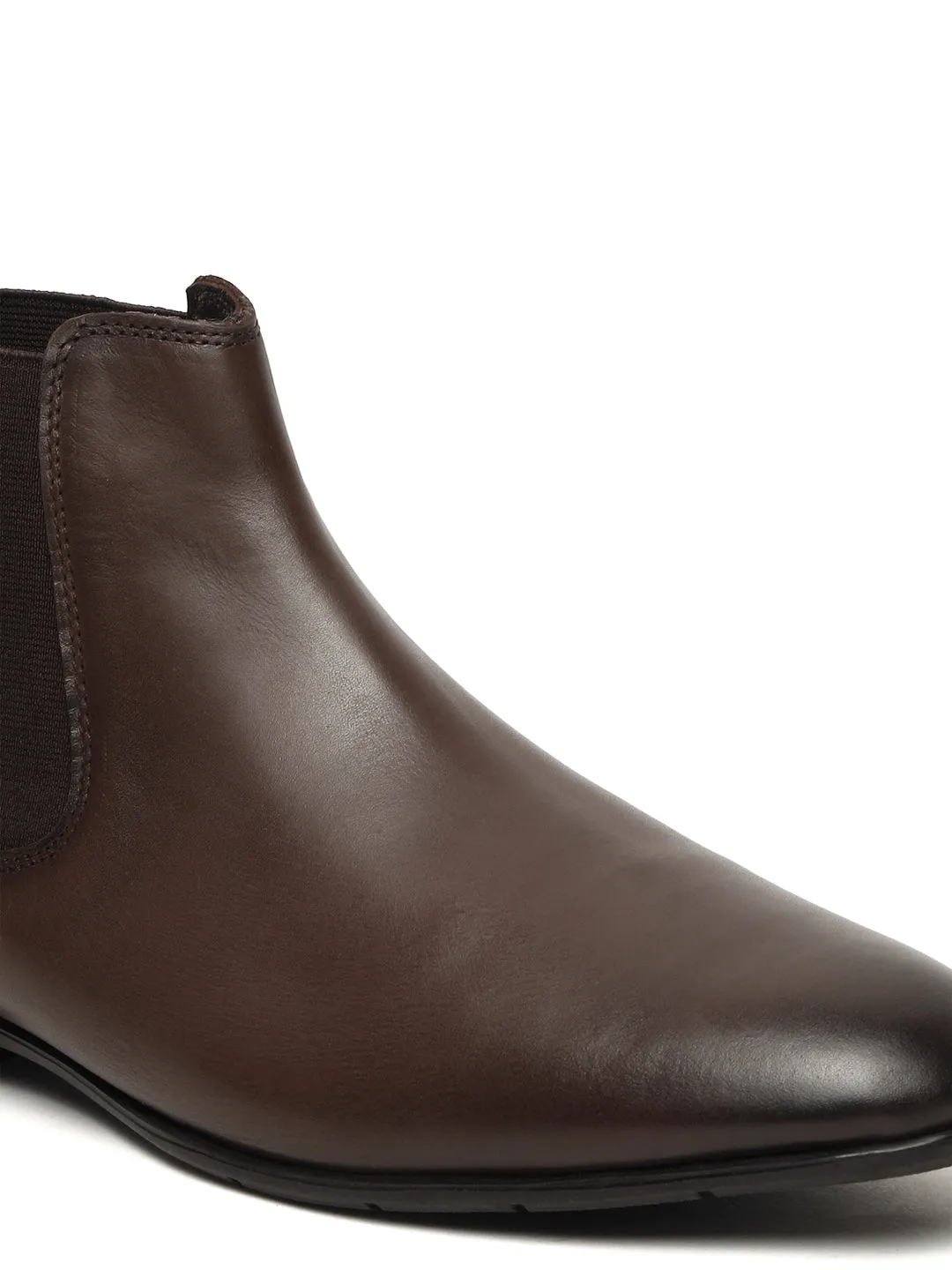 Men's Brown Solid Leather Mid-Top Chelsea Boots