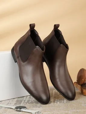 Men's Brown Solid Leather Mid-Top Chelsea Boots