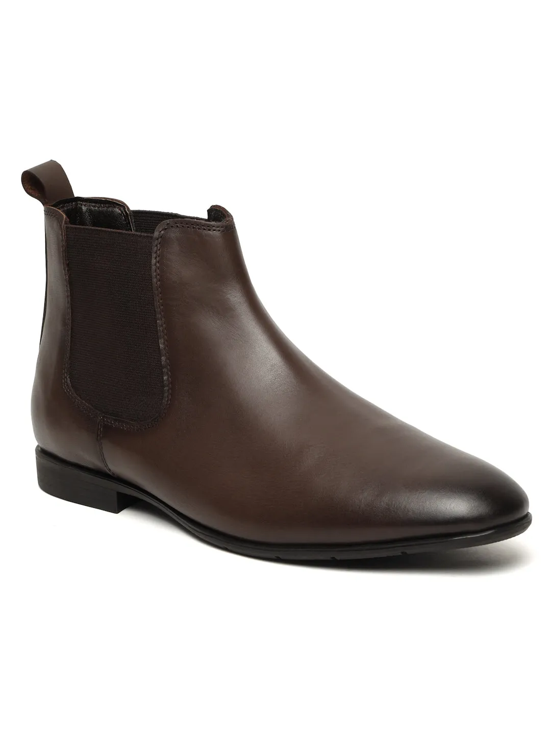 Men's Brown Solid Leather Mid-Top Chelsea Boots