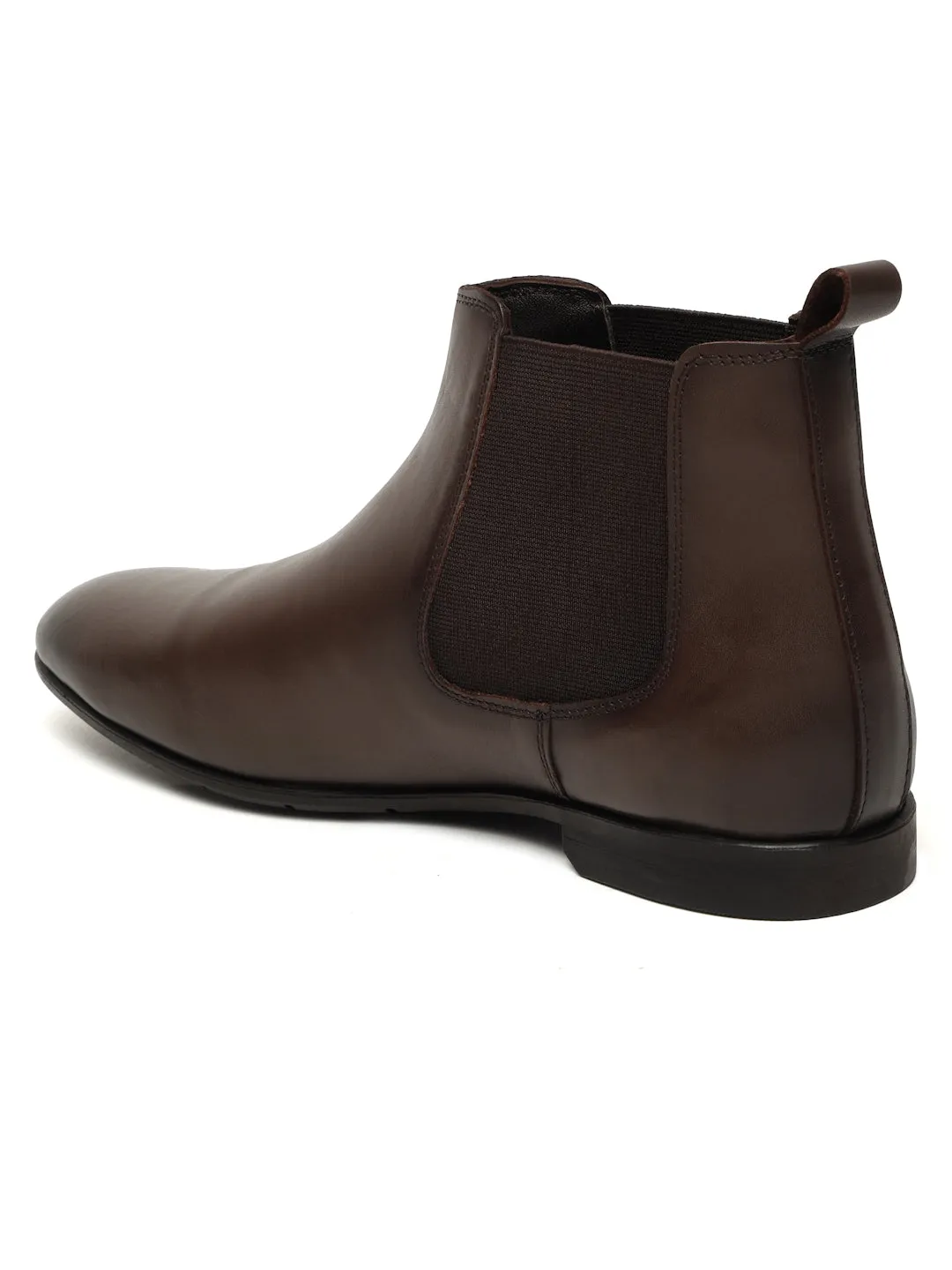 Men's Brown Solid Leather Mid-Top Chelsea Boots