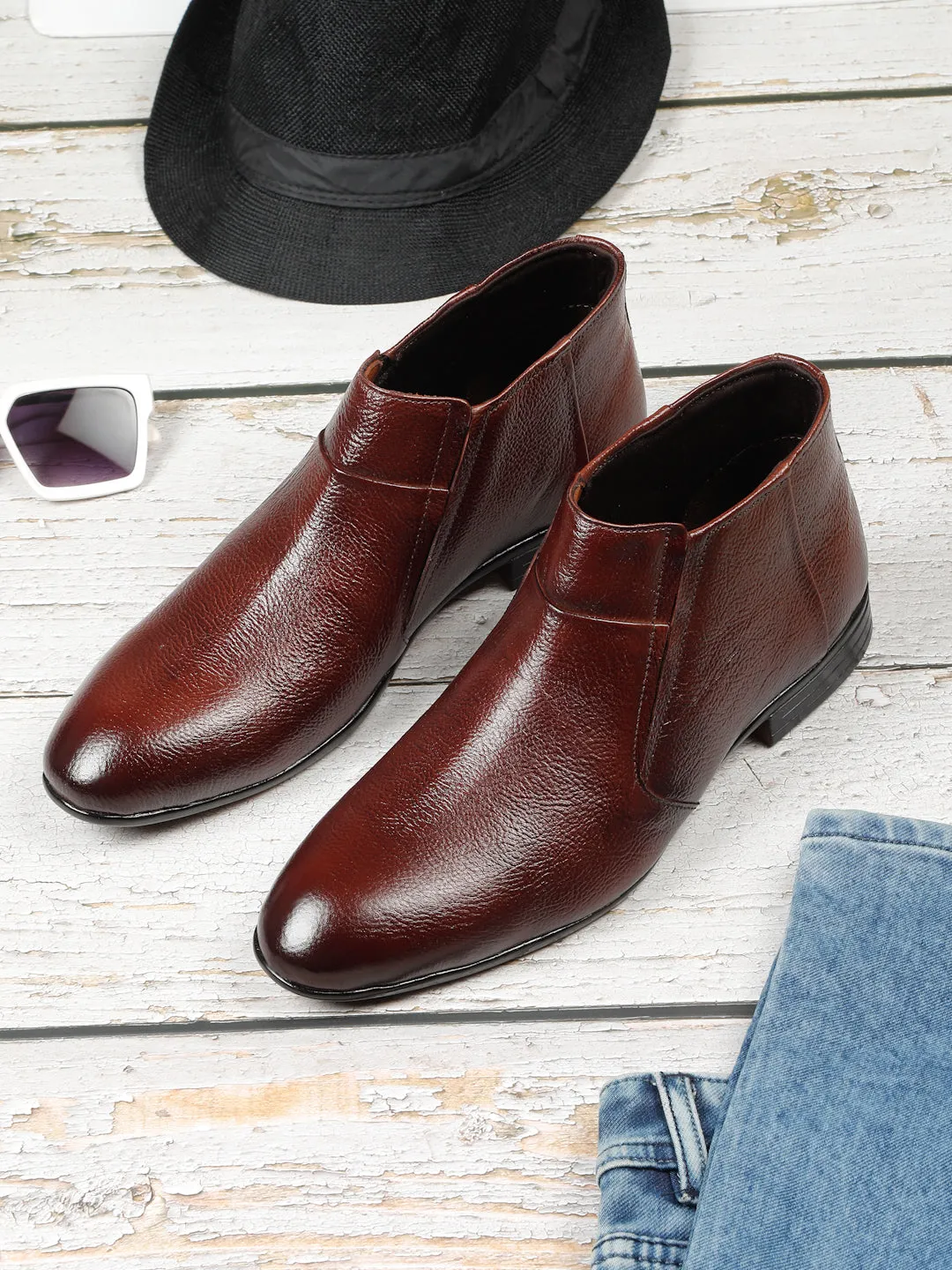 Men's Brown Solid Leather Slip-on Boots