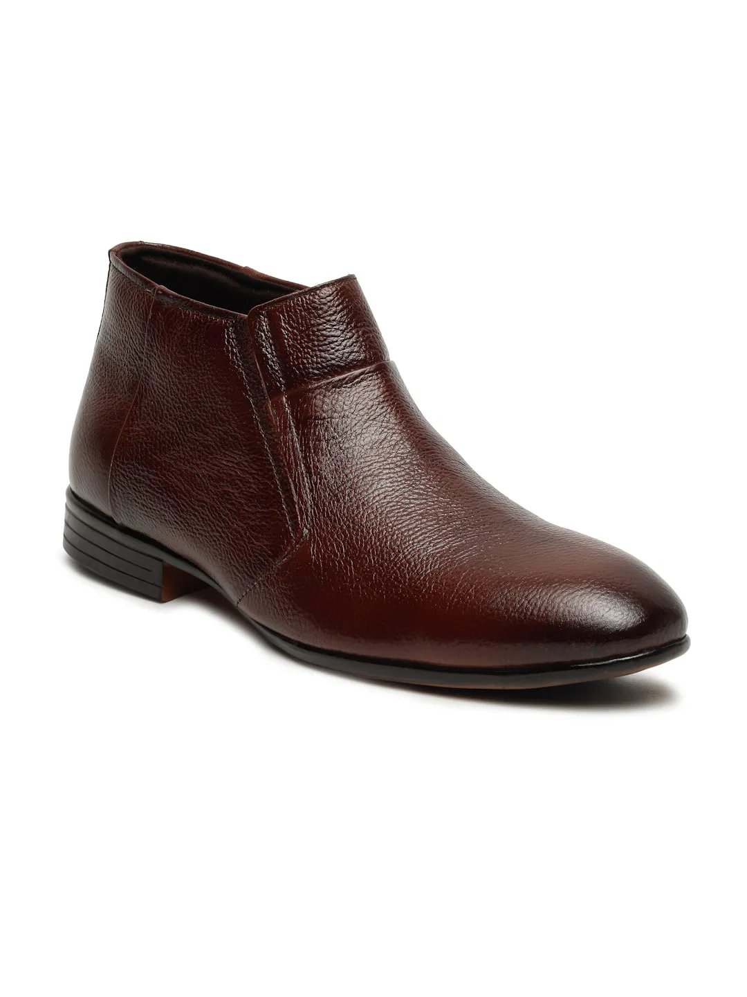 Men's Brown Solid Leather Slip-on Boots