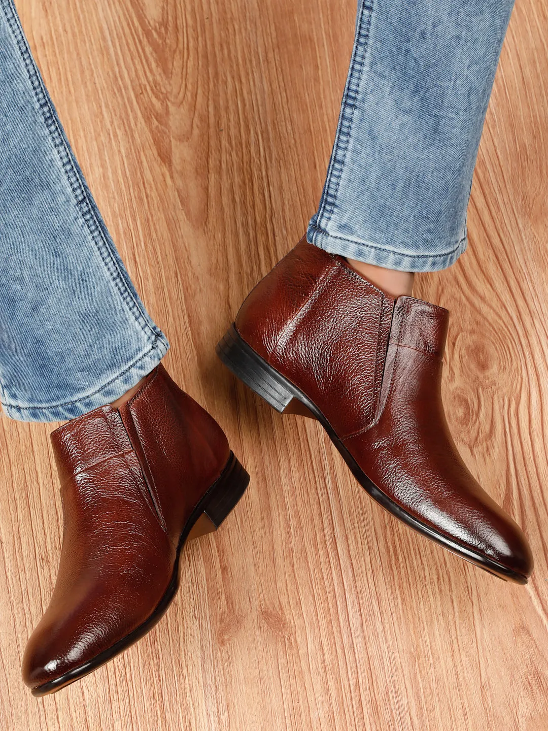 Men's Brown Solid Leather Slip-on Boots