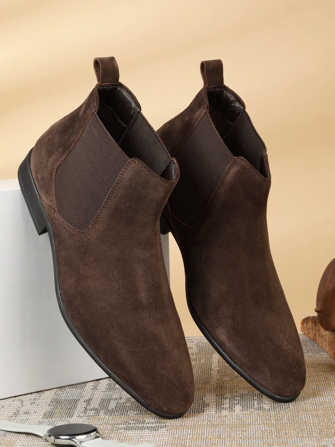 Men's Brown Suede Leather Mid-Top Chelsea Boots