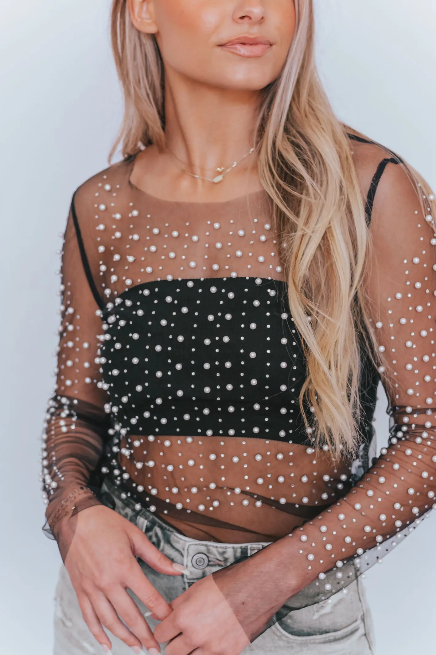 Midnight Romance Black Pearl Embellished Mesh Top