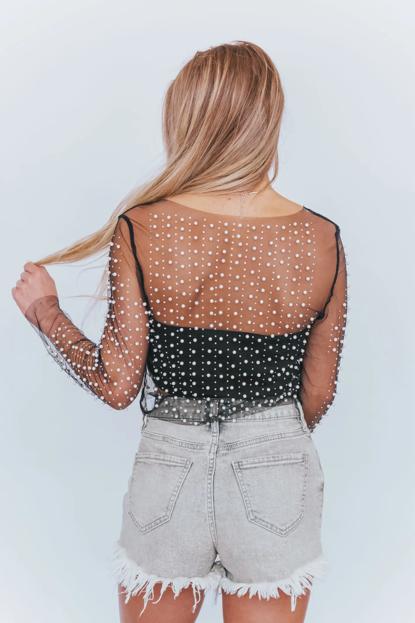 Midnight Romance Black Pearl Embellished Mesh Top