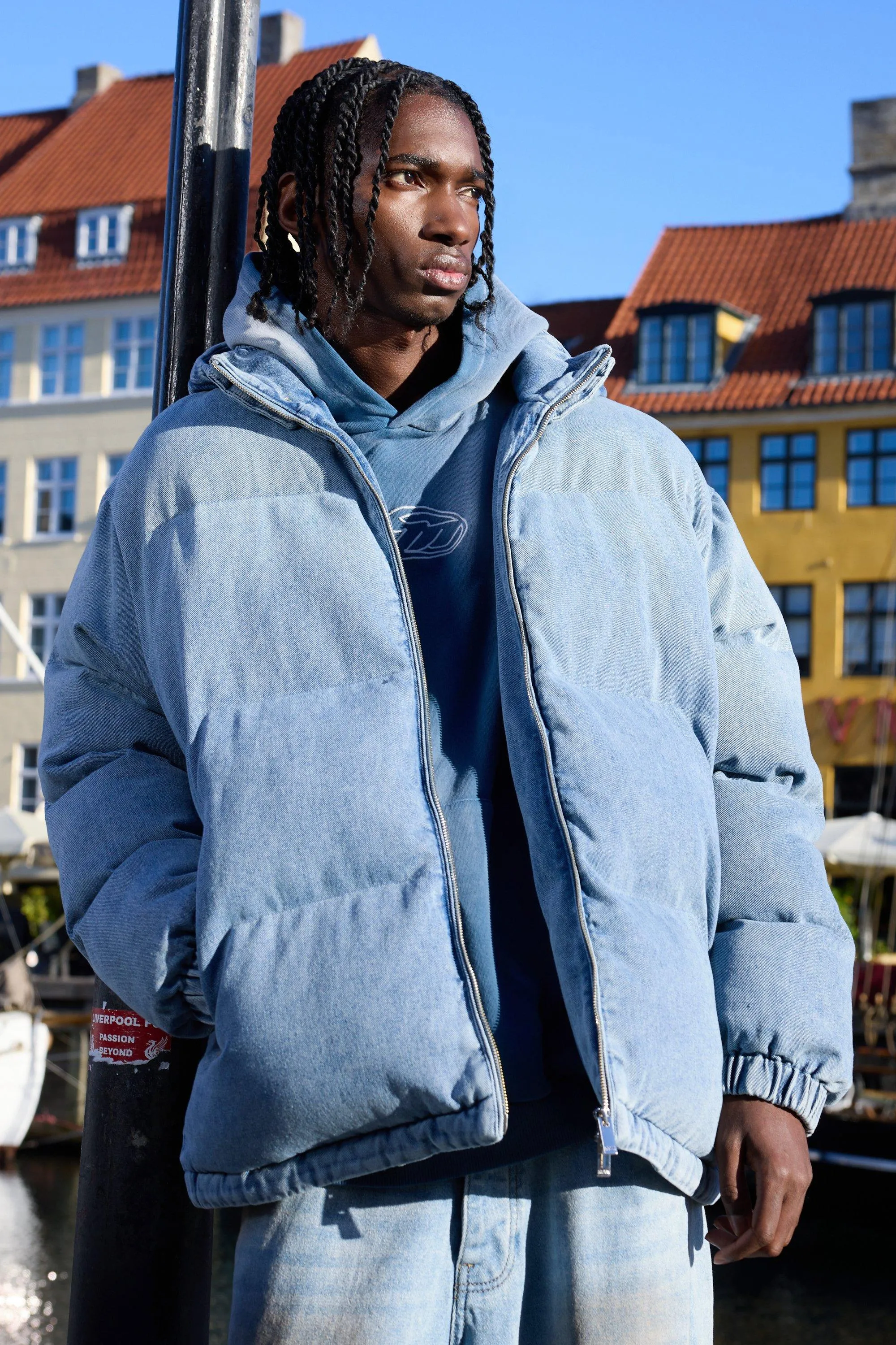 Oversized Funnel Neck Detachable Hood Denim Puffer Jacket