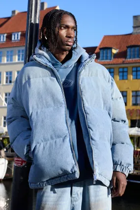 Oversized Funnel Neck Detachable Hood Denim Puffer Jacket