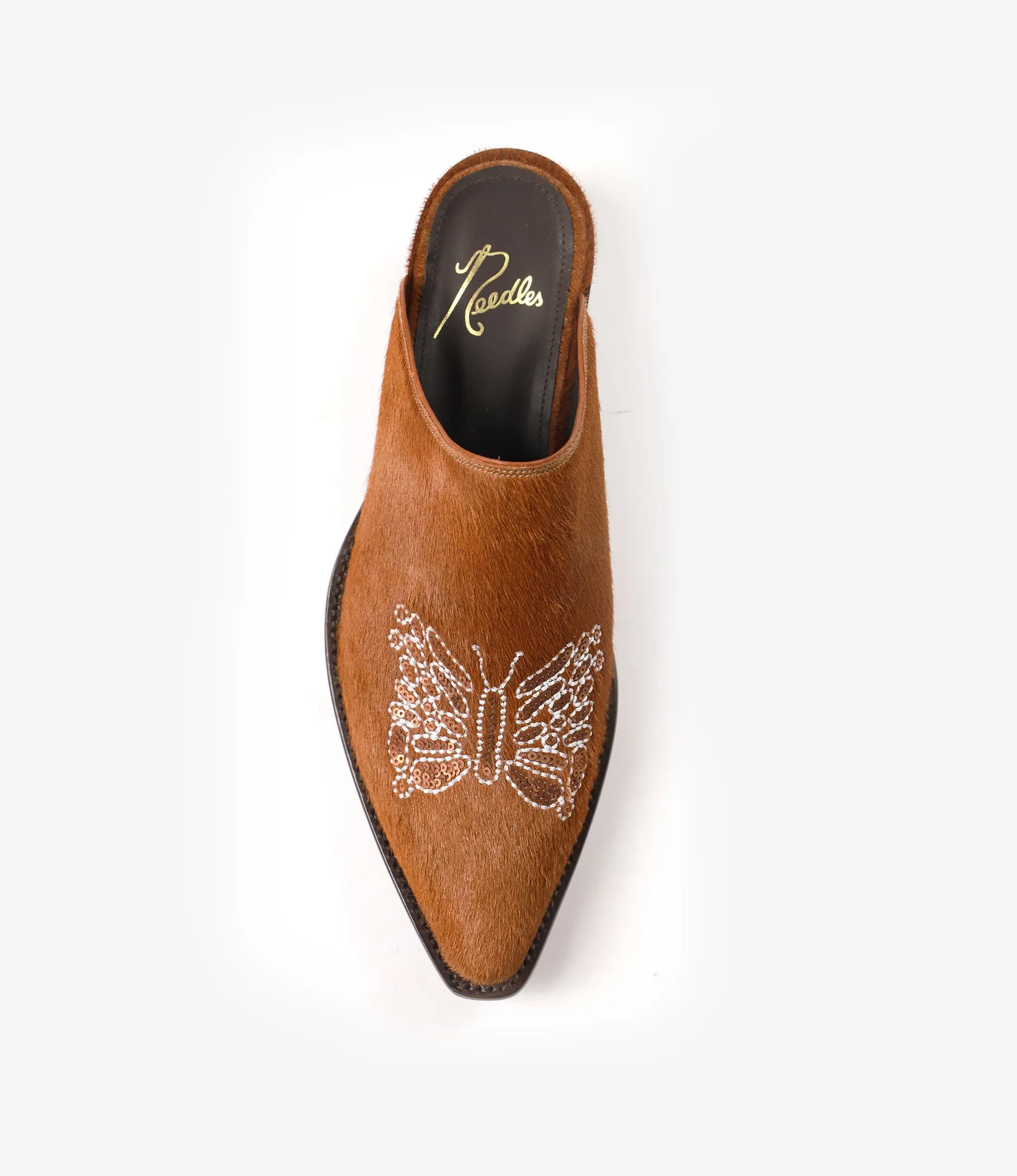 Papillon Embroidered Heeled Mule - Brown Pony