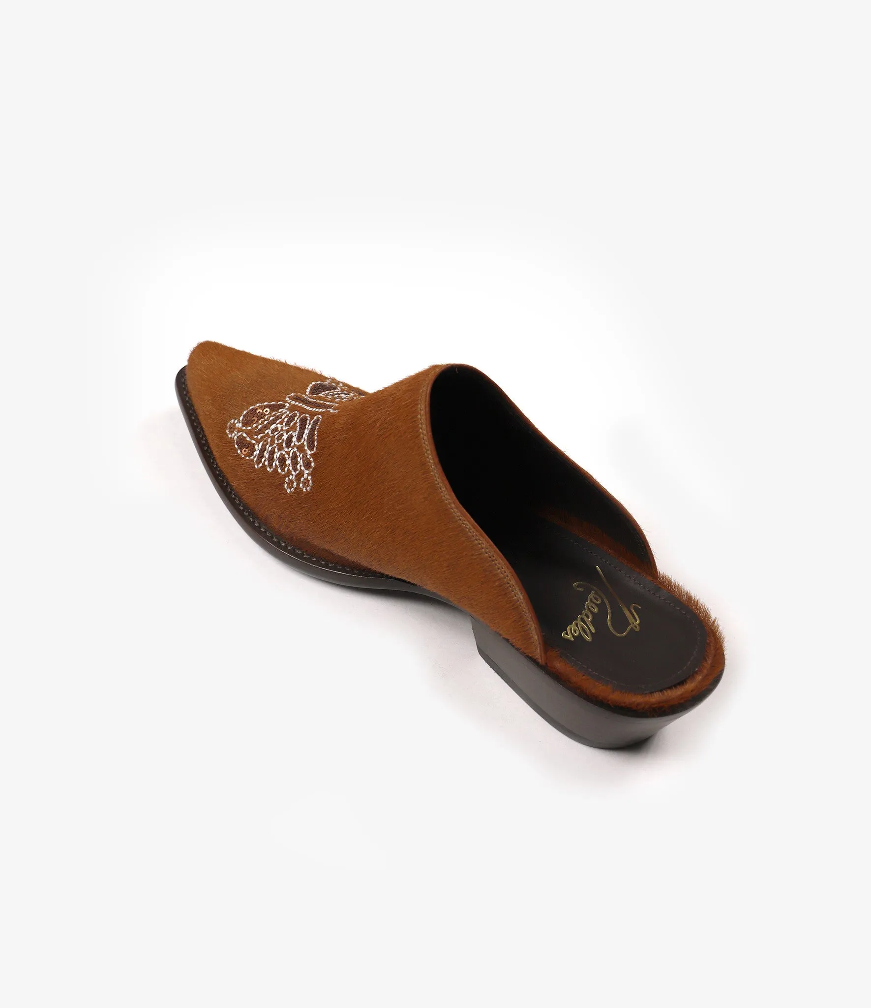 Papillon Embroidered Heeled Mule - Brown Pony