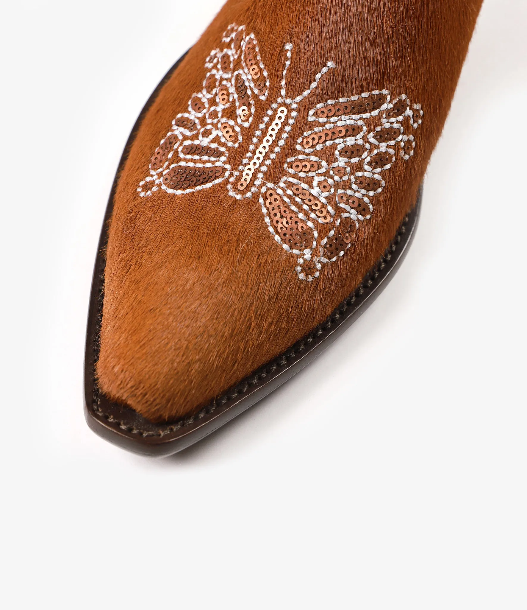 Papillon Embroidered Heeled Mule - Brown Pony