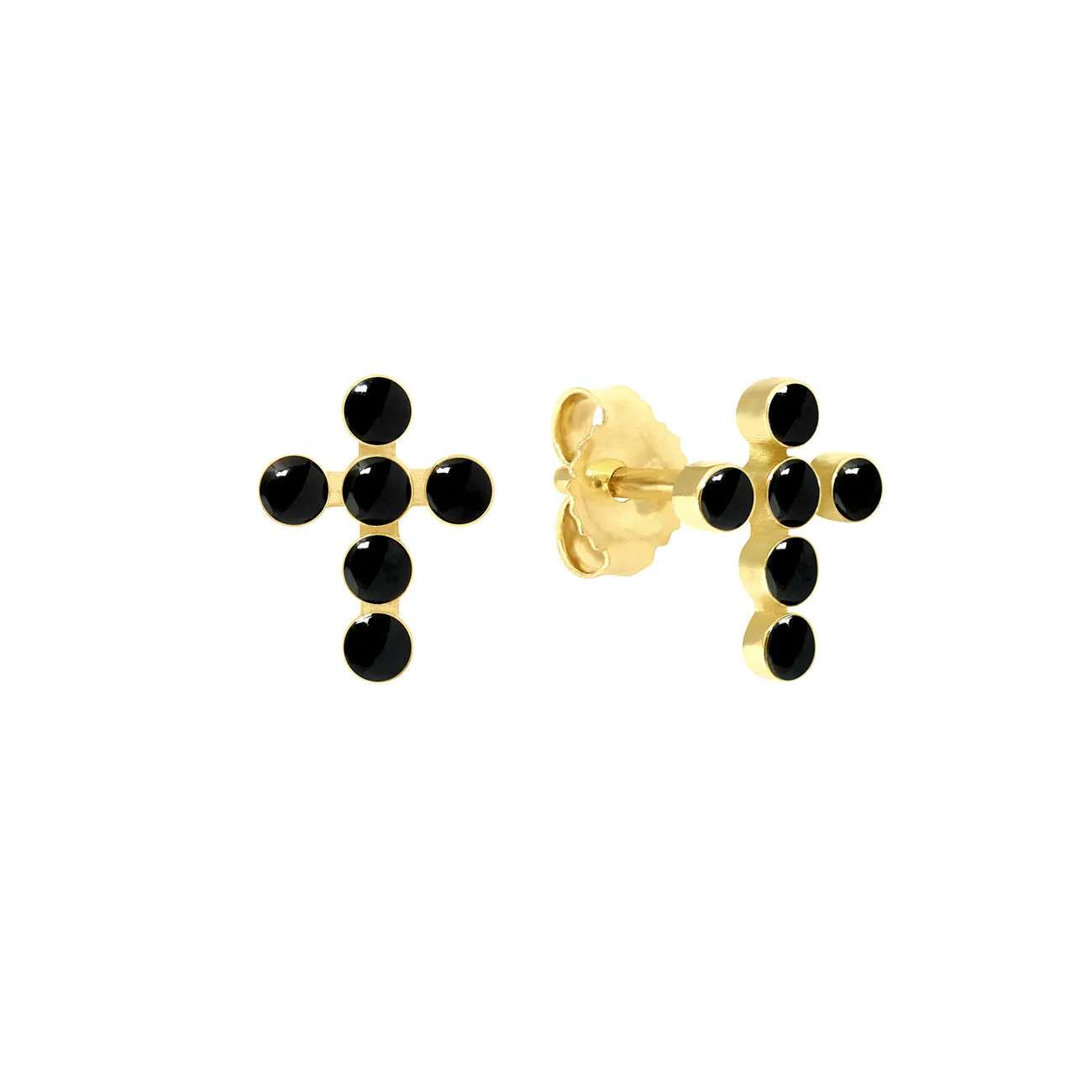 Pearled Cross Earrings, Black, Yellow Gold