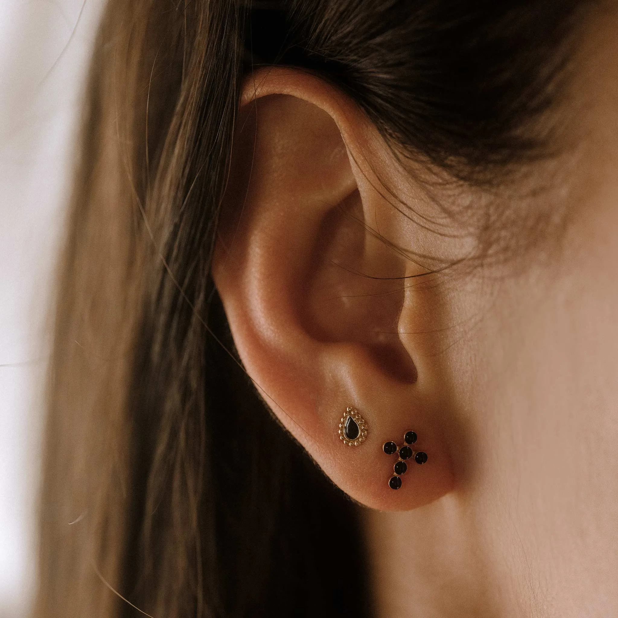 Pearled Cross Earrings, Black, Yellow Gold