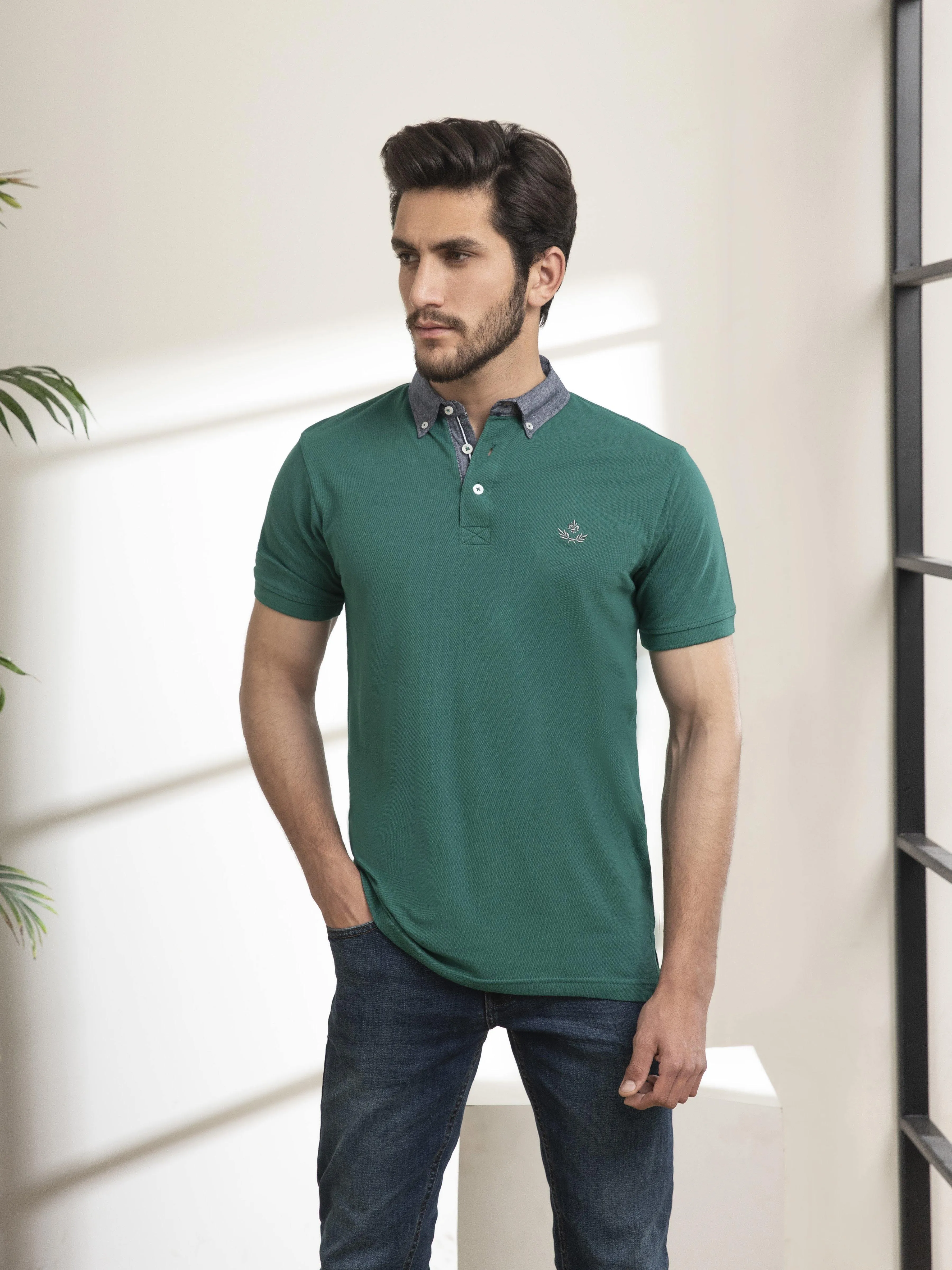 POLO SHIRT DENIM COLLAR GREEN