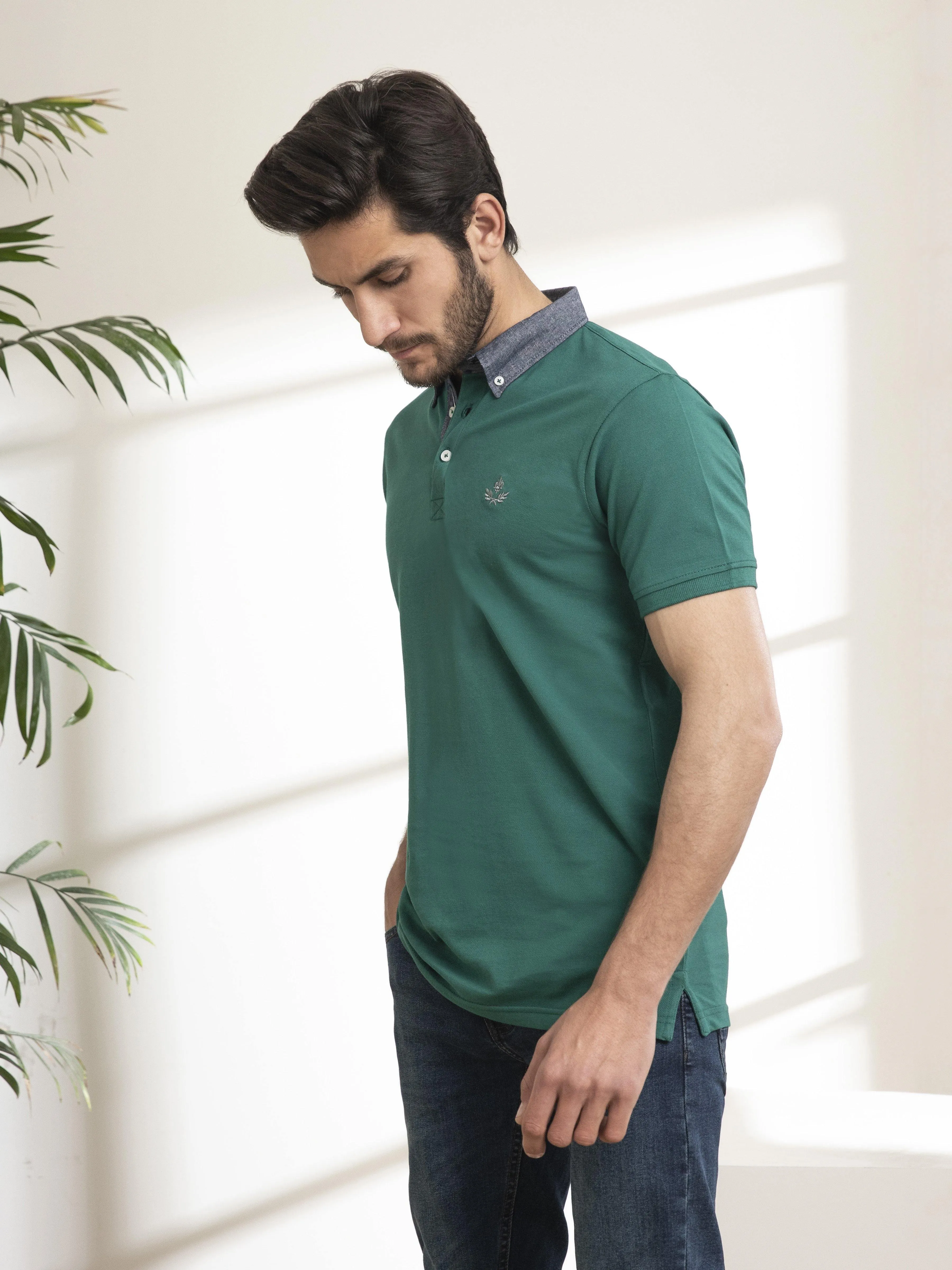 POLO SHIRT DENIM COLLAR GREEN