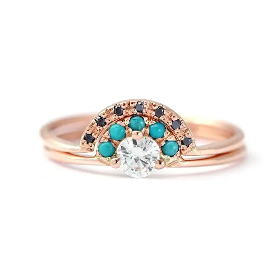 Ready to Ship - diamond engagement ring with turquoise crown and a black diamonds wedding ring (size US 6.5)