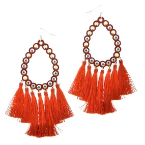 Red Gala Bling Teardrop Outline Large Earrings with Tassels