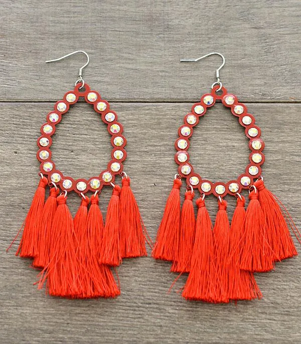 Red Gala Bling Teardrop Outline Large Earrings with Tassels