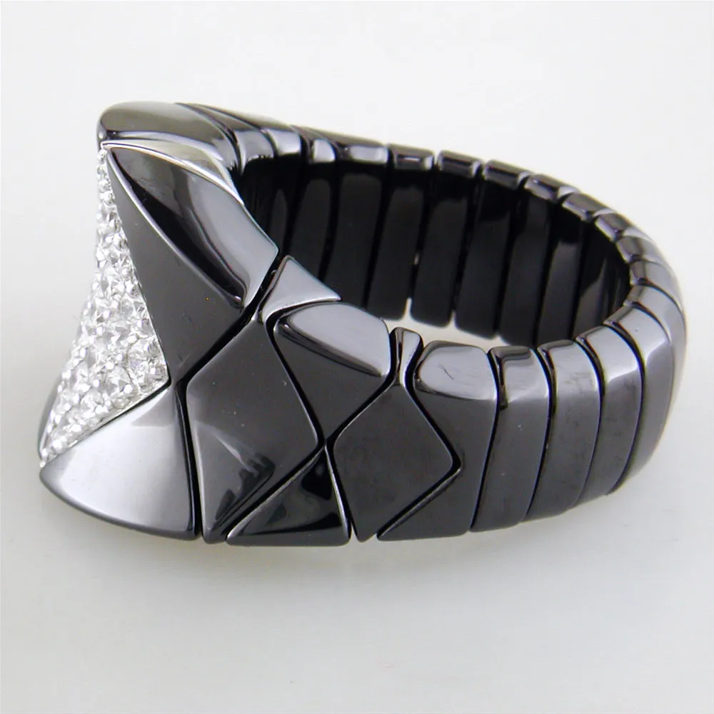 Roberto Demeglio Diva Elastic Stretch Ring in Black Shiny Ceramic with Concave Diamonds