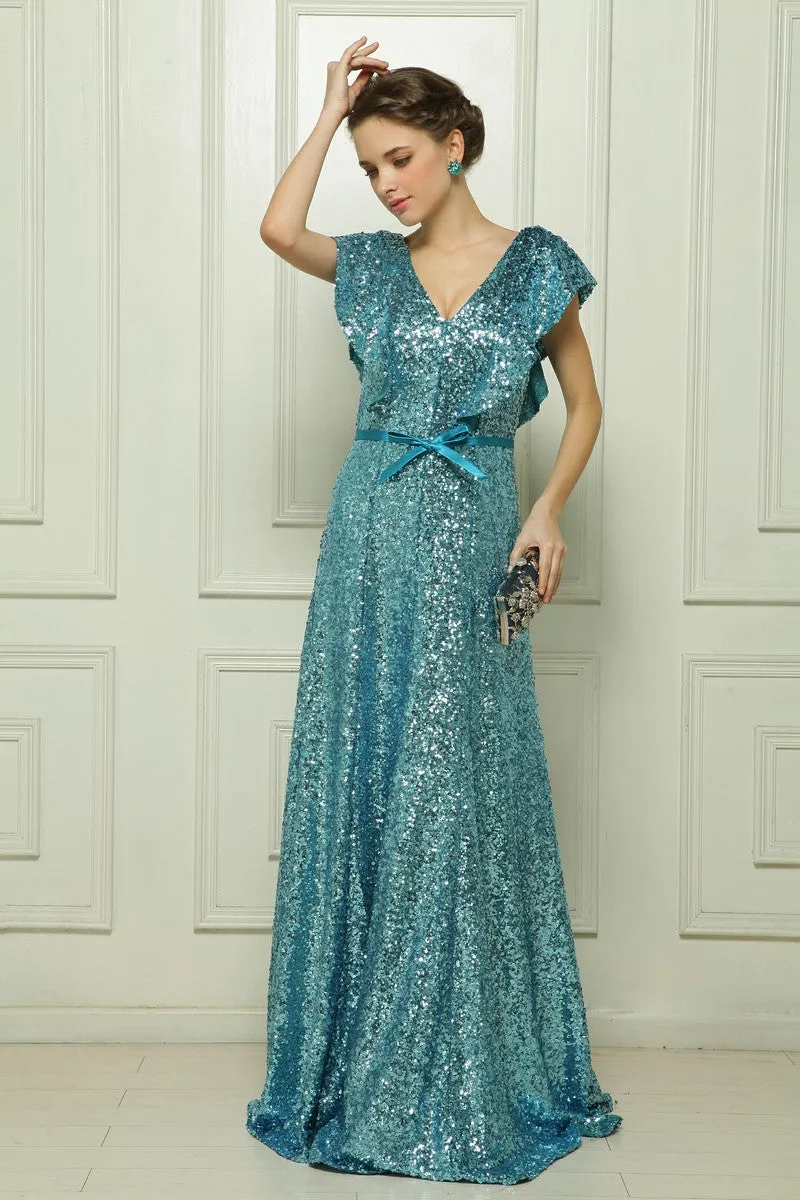 Shimmery Teal Short Sleeves Formal Dress Pageant Dress