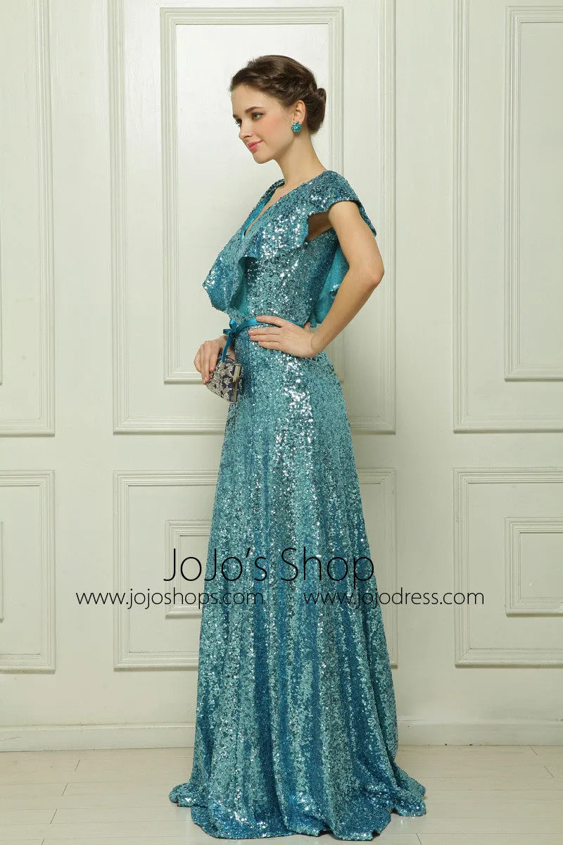 Shimmery Teal Short Sleeves Formal Dress Pageant Dress