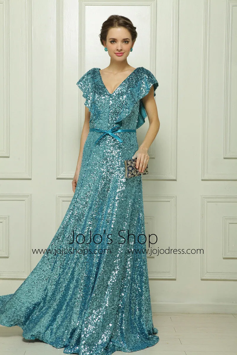 Shimmery Teal Short Sleeves Formal Dress Pageant Dress