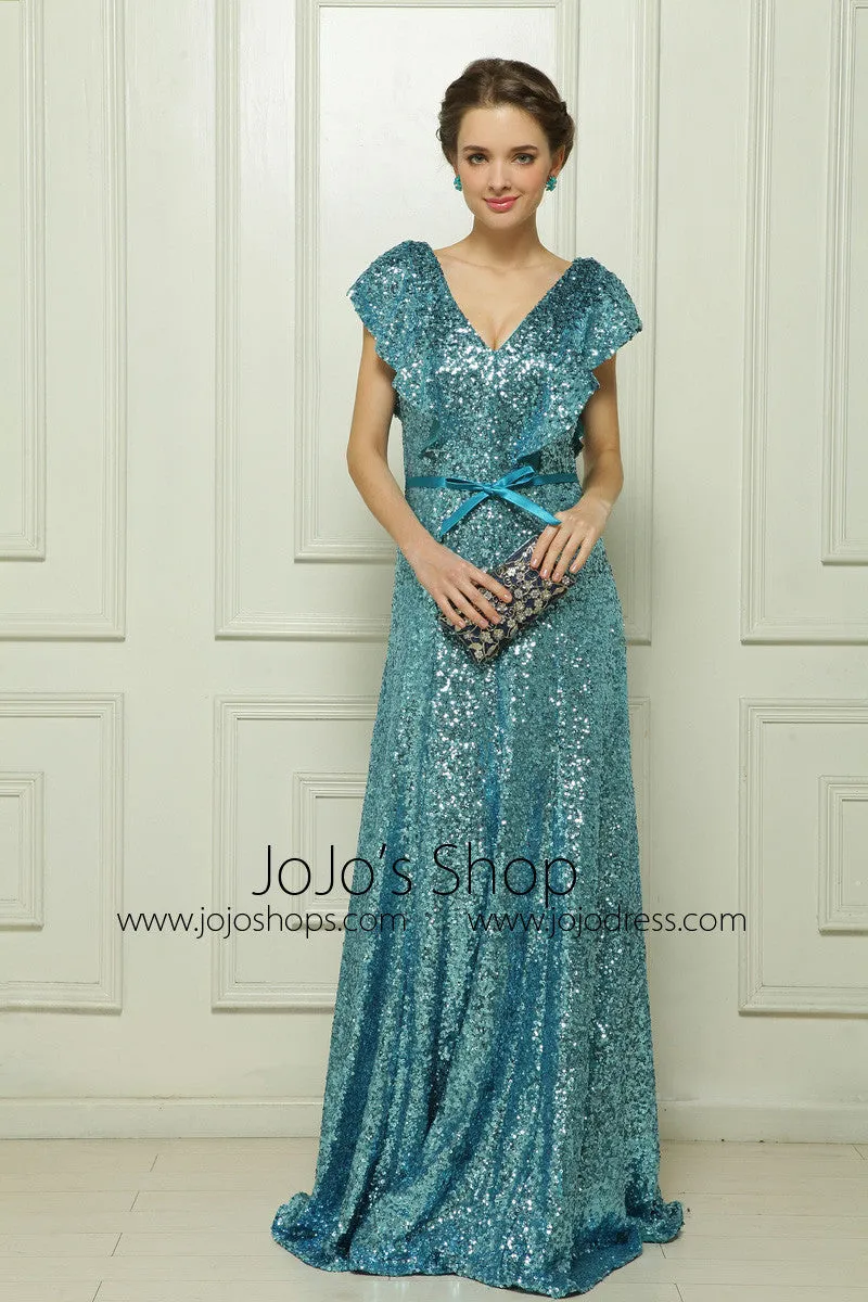 Shimmery Teal Short Sleeves Formal Dress Pageant Dress