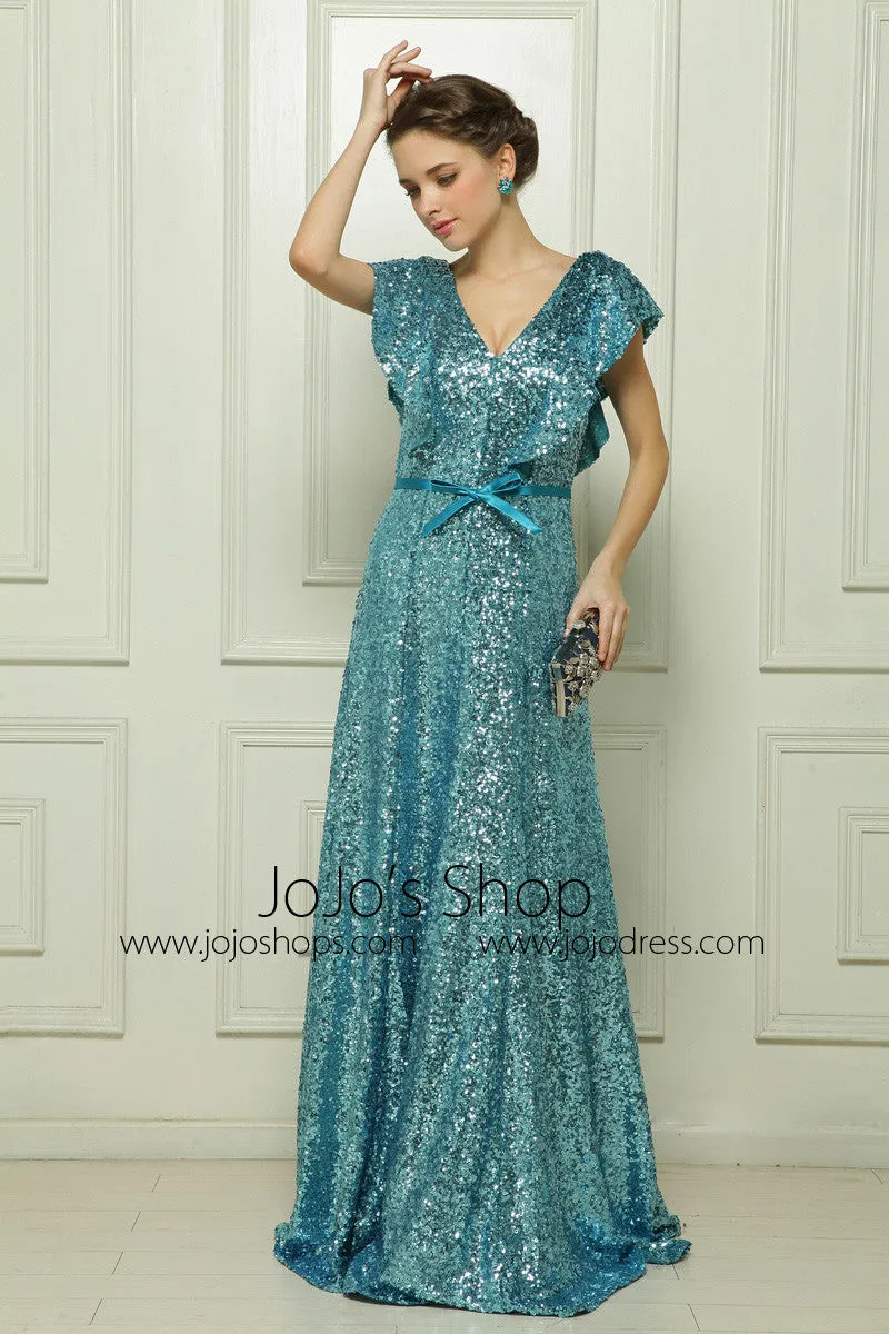 Shimmery Teal Short Sleeves Formal Dress Pageant Dress