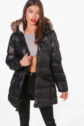 Shiny Faux Fur Hood Puffer Jacket