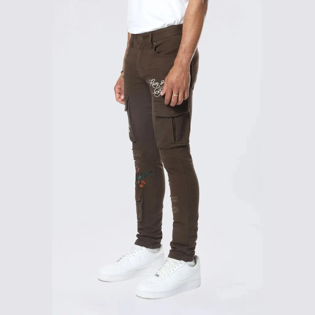 Slim Tapered Embroidered Cargo Twill Pants - Bison