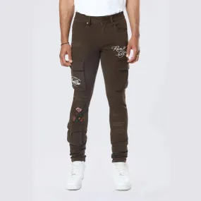 Slim Tapered Embroidered Cargo Twill Pants - Bison