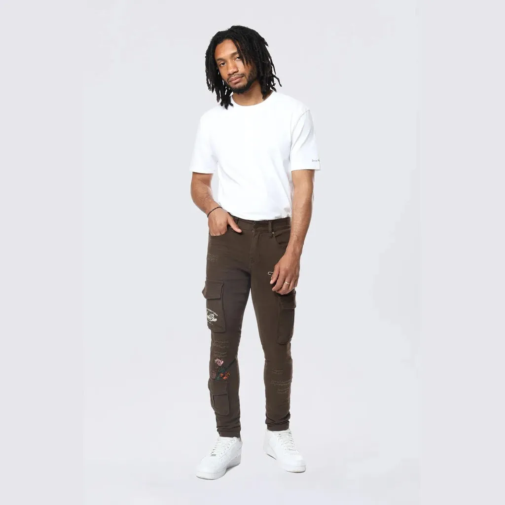 Slim Tapered Embroidered Cargo Twill Pants - Bison