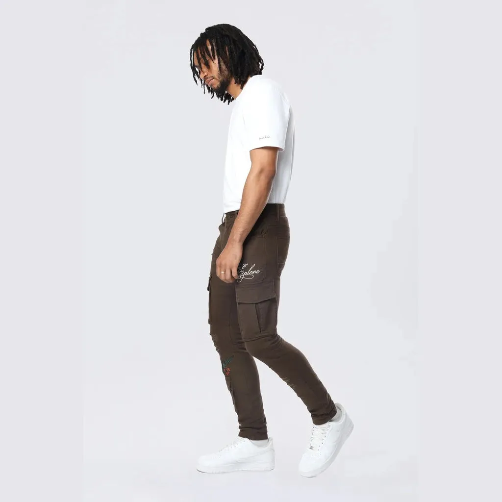 Slim Tapered Embroidered Cargo Twill Pants - Bison