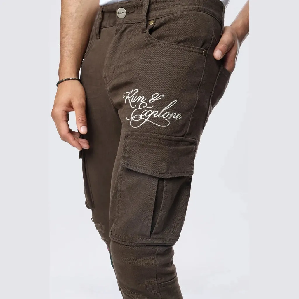 Slim Tapered Embroidered Cargo Twill Pants - Bison