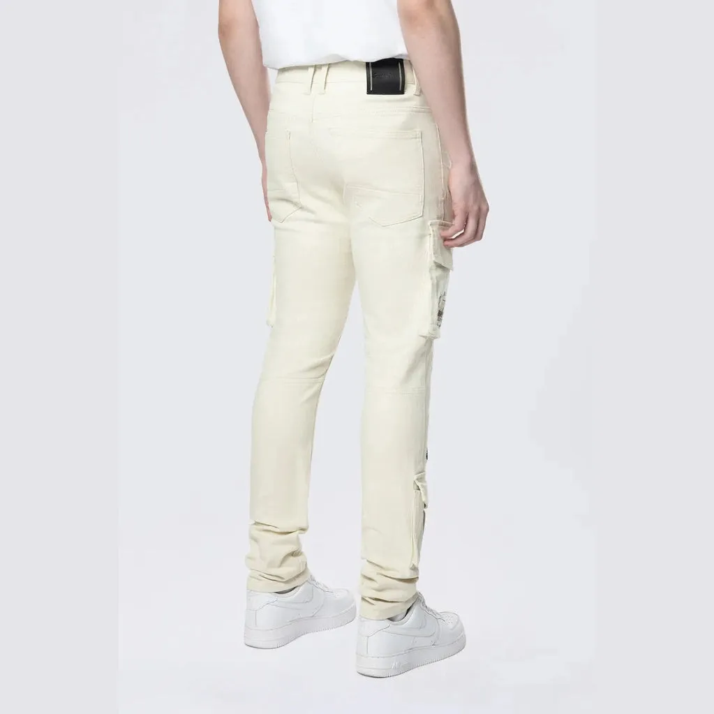 Slim Tapered Embroidered Cargo Twill Pants - Ecru