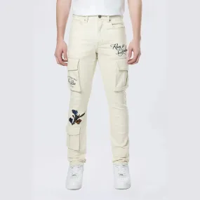 Slim Tapered Embroidered Cargo Twill Pants - Ecru