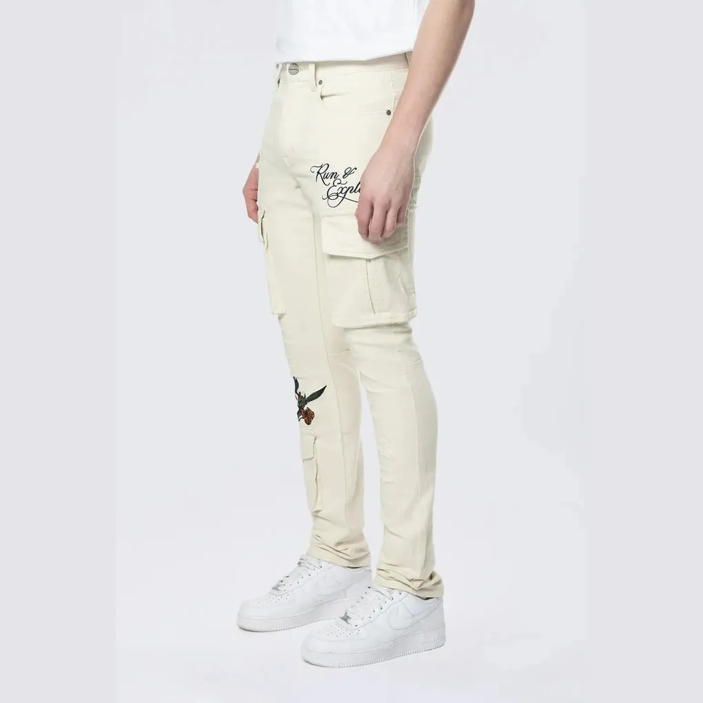 Slim Tapered Embroidered Cargo Twill Pants - Ecru