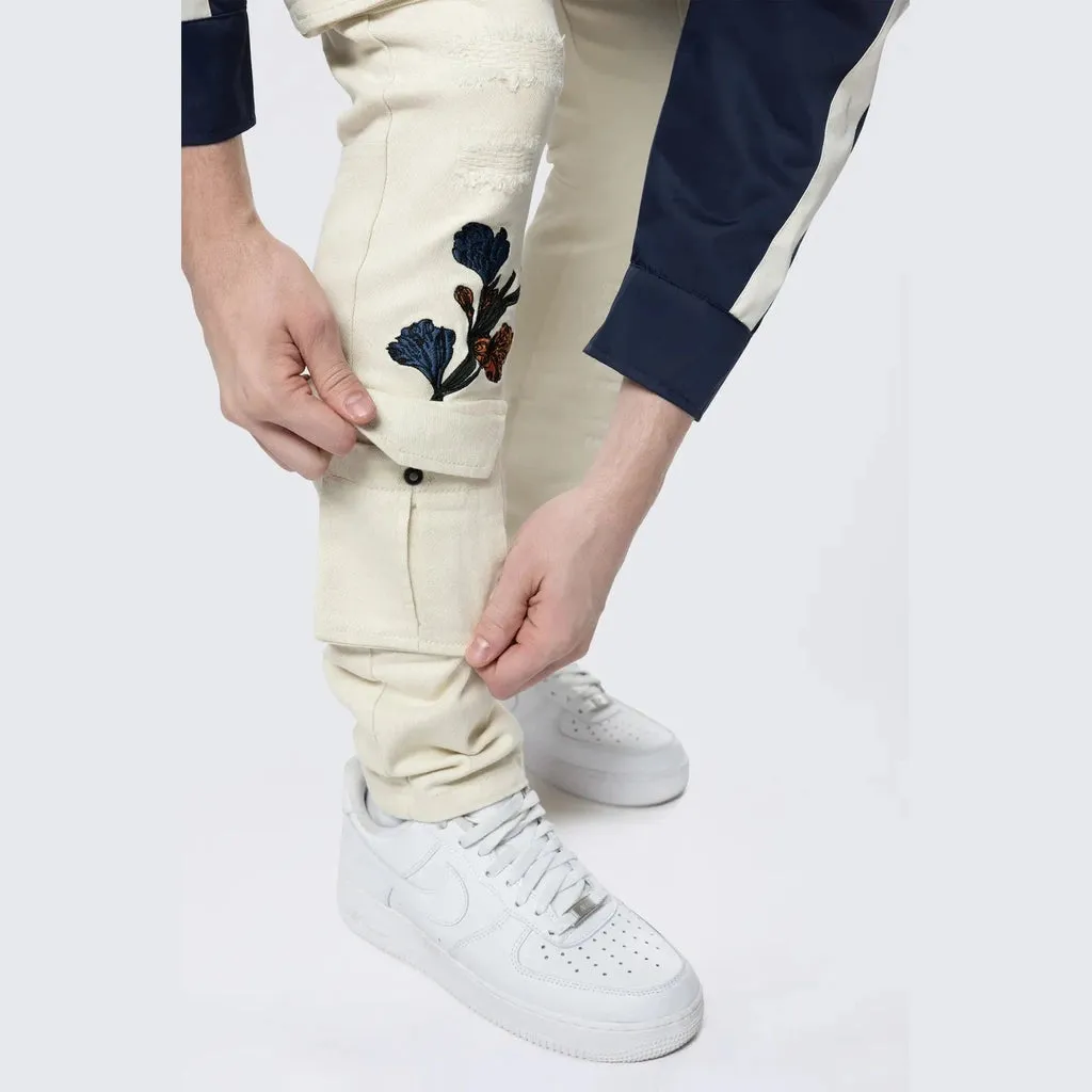 Slim Tapered Embroidered Cargo Twill Pants - Ecru