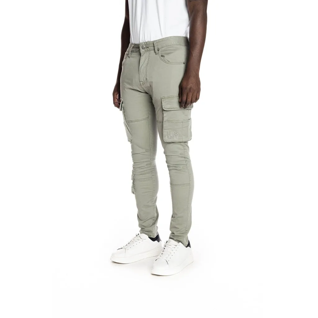 Slim Tapered Multipocket Cargo Twill Pants - Light Olive