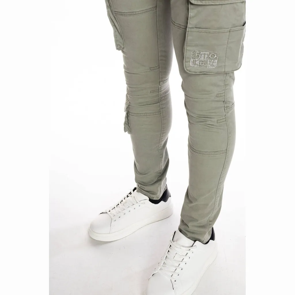 Slim Tapered Multipocket Cargo Twill Pants - Light Olive