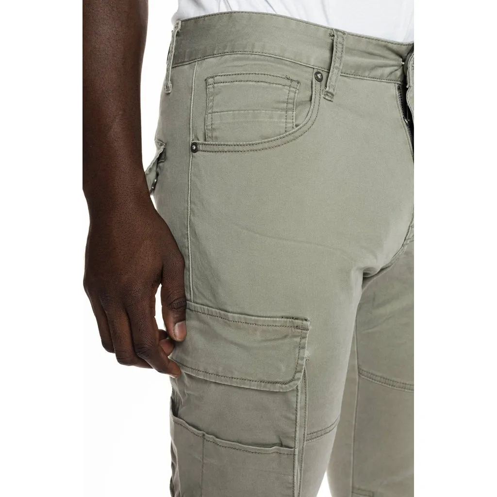 Slim Tapered Multipocket Cargo Twill Pants - Light Olive